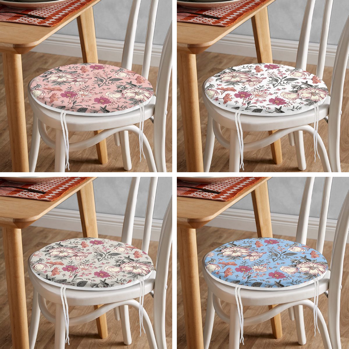 4'lü Pastel Zemin Kurumuş Çiçek Çizimli Dijital Baskılı Modern Yuvarlak Fermuarlı Sandalye Minderi Seti Realhomes