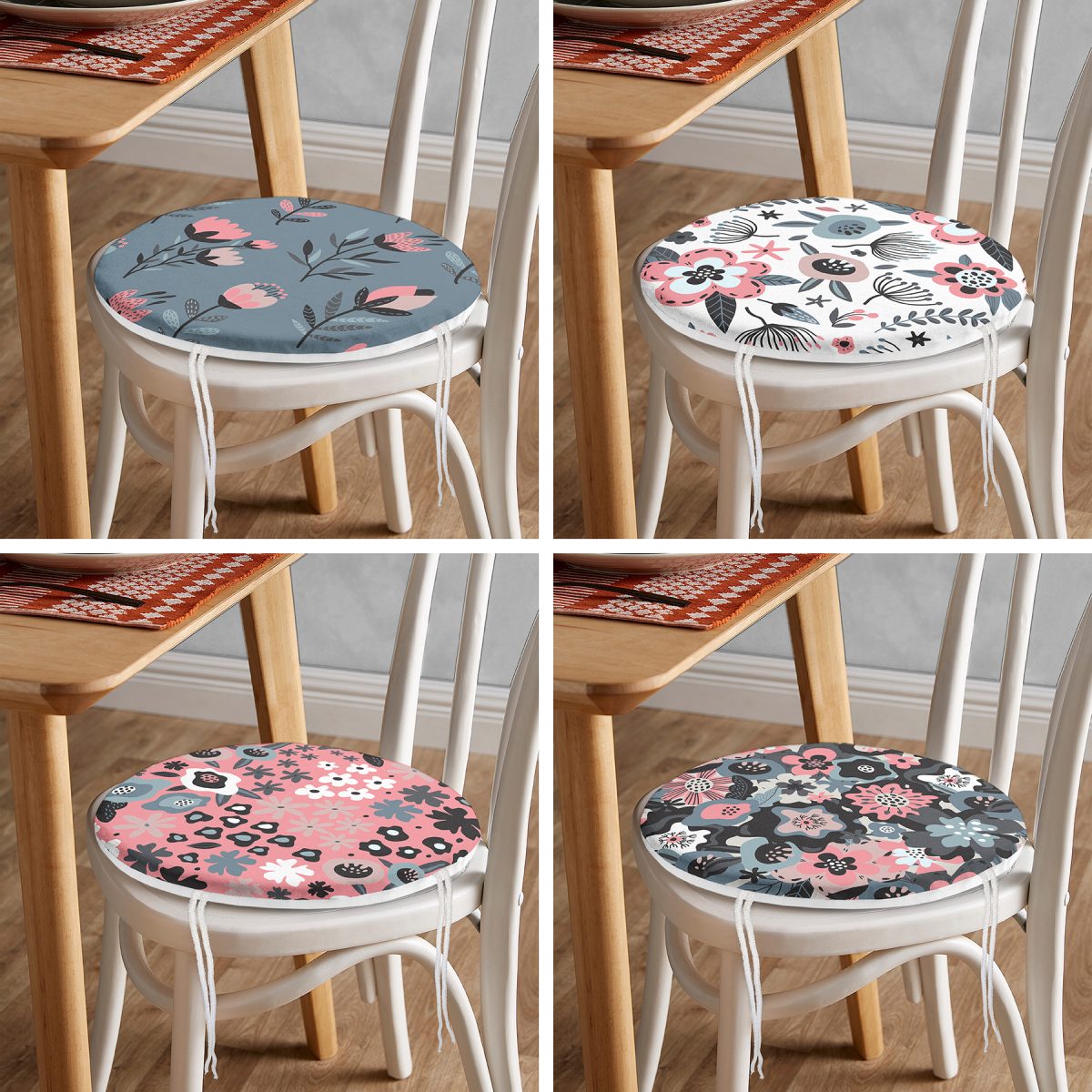 4'lü Renkli Zemin Çiçek Temalı Dijital Baskılı Modern Yuvarlak Fermuarlı Sandalye Minderi Seti Realhomes