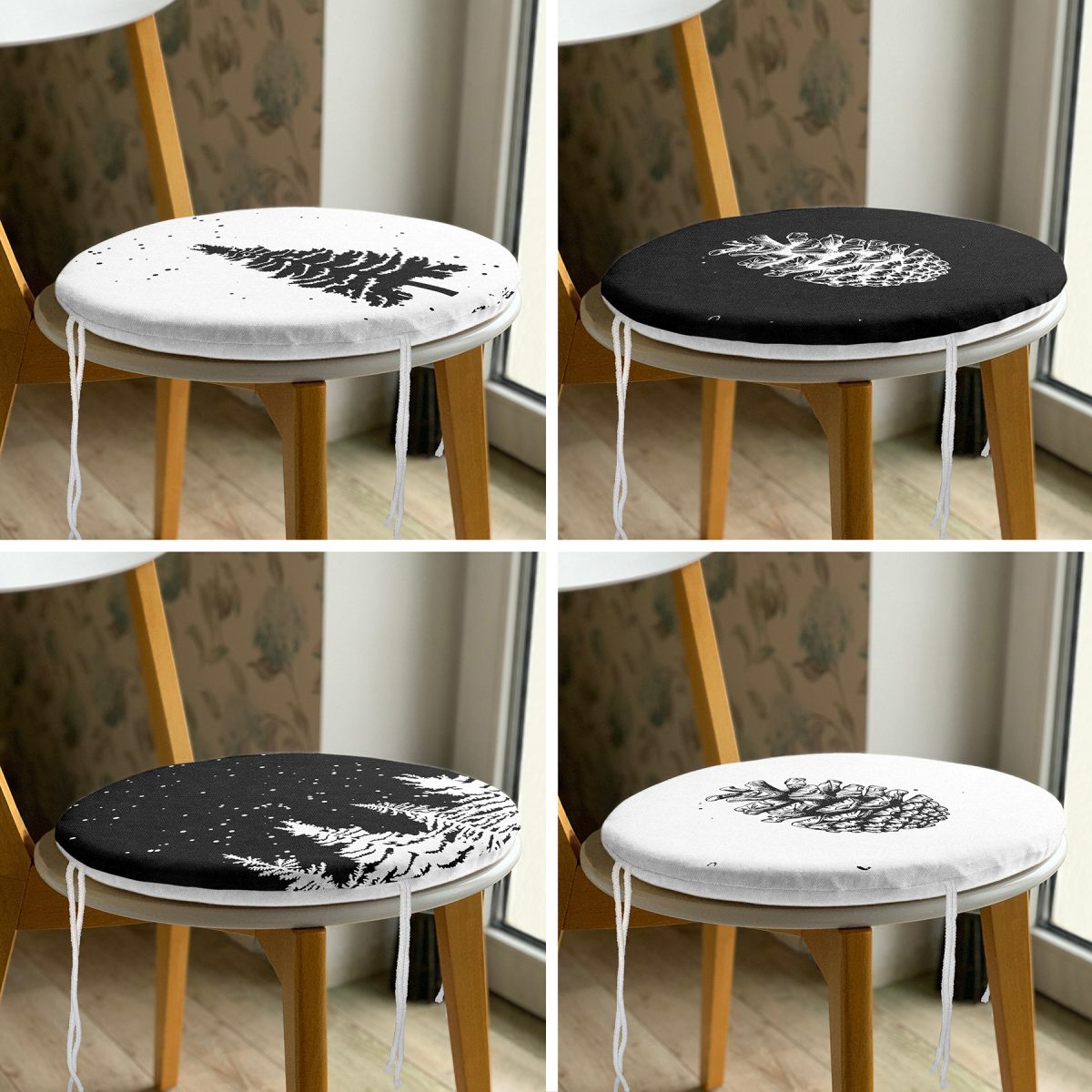 4'lü Siyah Beyaz Çam Ağacı & Kozalak Tasarımlı Dijital Baskılı Modern Yuvarlak Fermuarlı Sandalye Minderi Seti Realhomes