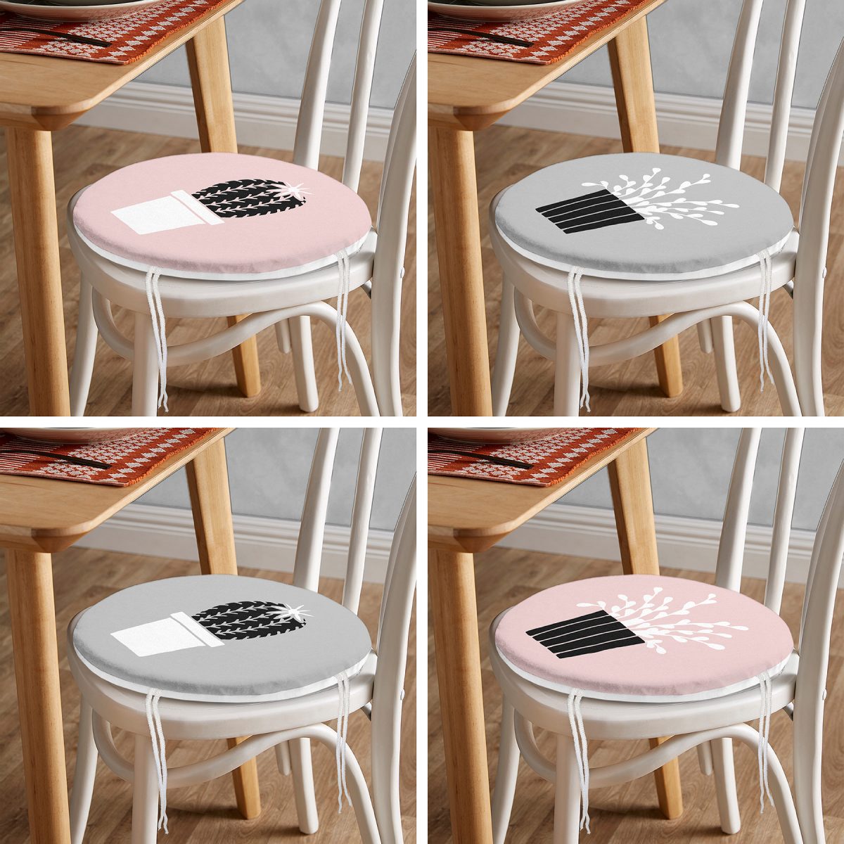 4'lü Gri & Pembe Zeminli Saksılı Kaktüs Tasarımlı Dijital Baskılı Modern Yuvarlak Fermuarlı Sandalye Minderi Seti Realhomes