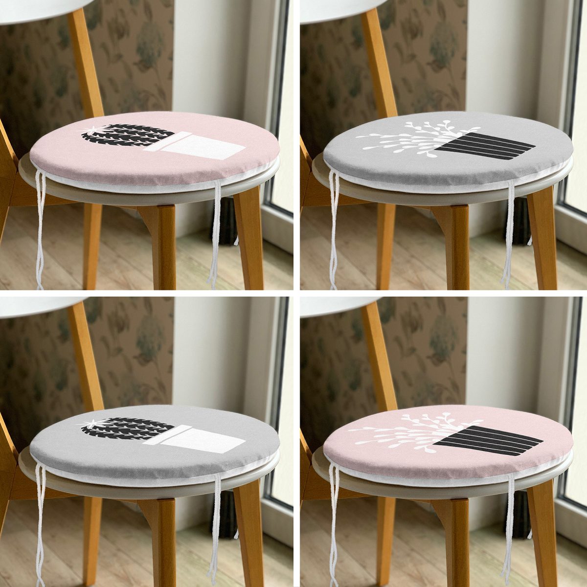 4'lü Gri & Pembe Zeminli Saksılı Kaktüs Tasarımlı Dijital Baskılı Modern Yuvarlak Fermuarlı Sandalye Minderi Seti Realhomes