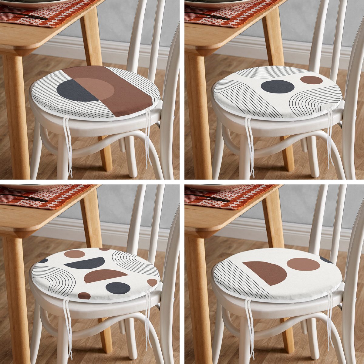 4'lü Özel Tasarım İskandinav Motifli Dijital Baskılı Modern Yuvarlak Fermuarlı Sandalye Minderi Seti Realhomes