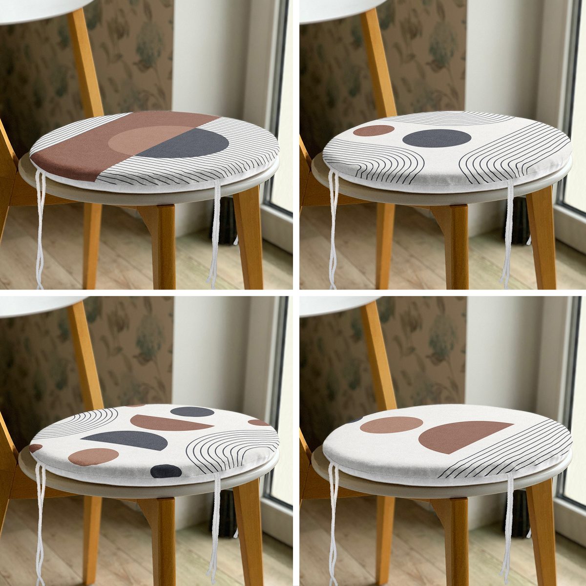 4'lü Özel Tasarım İskandinav Motifli Dijital Baskılı Modern Yuvarlak Fermuarlı Sandalye Minderi Seti Realhomes