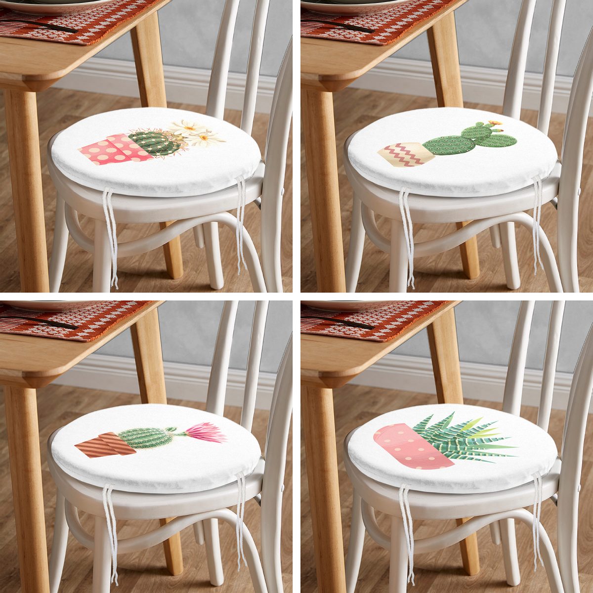 4'lü Sevimli Saksılı Kaktüs Tasarımlı Dijital Baskılı Modern Yuvarlak Fermuarlı Sandalye Minderi Seti Realhomes