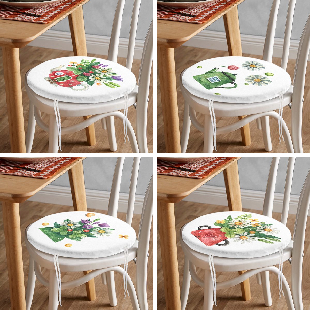 4'lü Renkli Sevimli Saksılar İçinde Çiçek Tasarımlı Dijital Baskılı Modern Yuvarlak Fermuarlı Sandalye Minderi Seti Realhomes