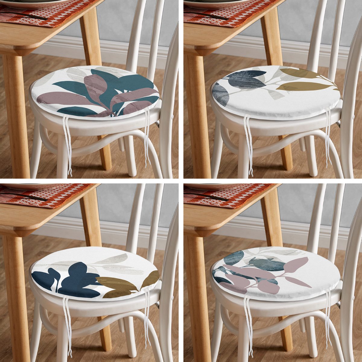 4'lü Pastel Renkli Yaprak Tasarımlı Dijital Baskılı Modern Yuvarlak Fermuarlı Sandalye Minderi Seti Realhomes