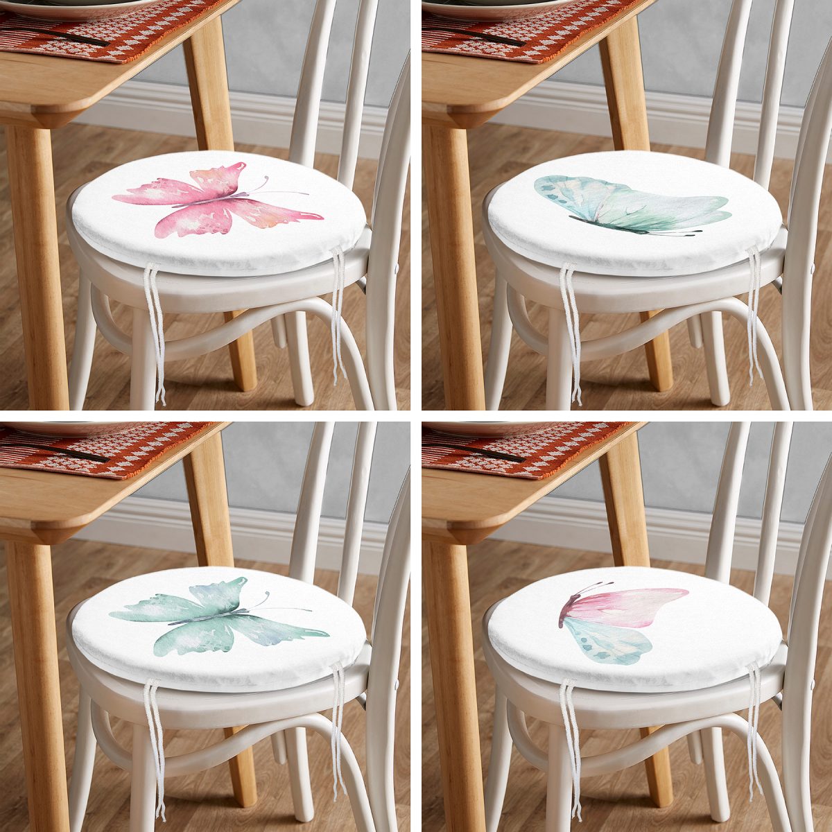 4'lü Renkli Suluboya Kelebek Çizimli Dijital Baskılı Modern Yuvarlak Fermuarlı Sandalye Minderi Seti Realhomes