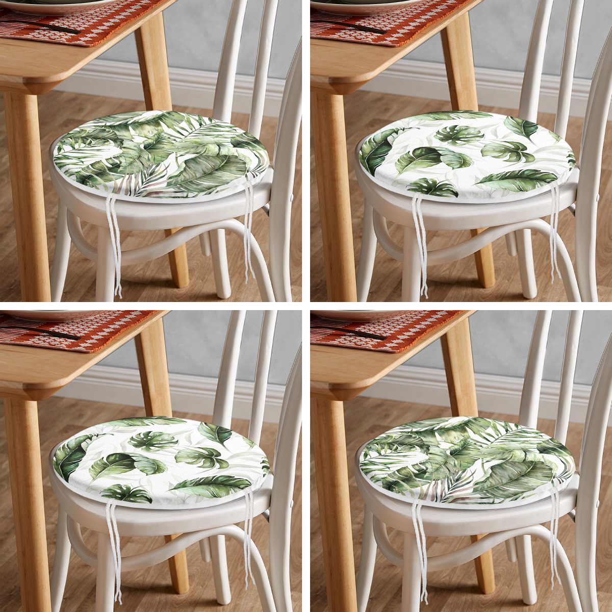 4'lü Yeşil Egzotik Yaprak Tasarımlı Dijital Baskılı Modern Yuvarlak Fermuarlı Sandalye Minderi Seti Realhomes