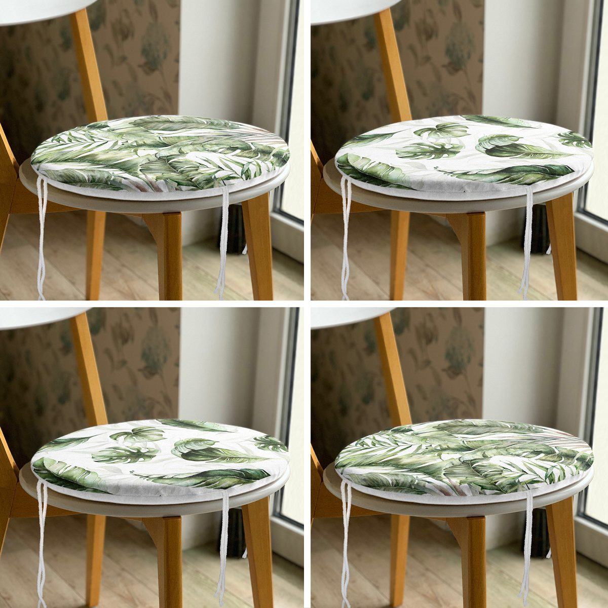 4'lü Yeşil Egzotik Yaprak Tasarımlı Dijital Baskılı Modern Yuvarlak Fermuarlı Sandalye Minderi Seti Realhomes