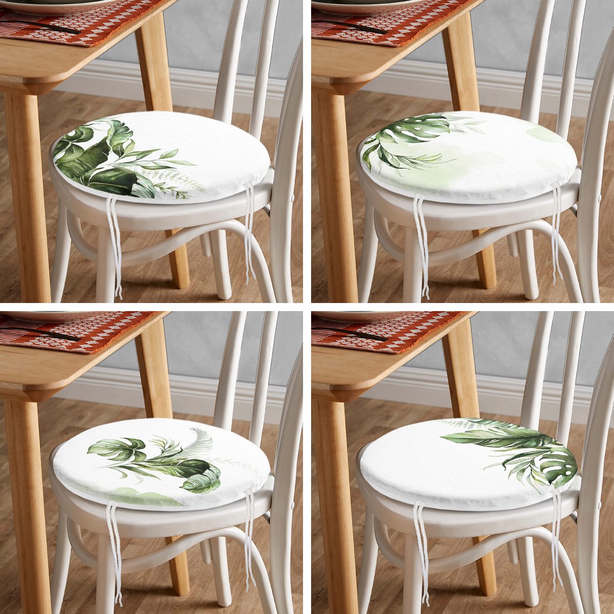 4'lü Beyaz Zemin Yeşil Tropik Yaprak Motifli Dijital Baskılı Modern Yuvarlak Fermuarlı Sandalye Minderi Seti Realhomes