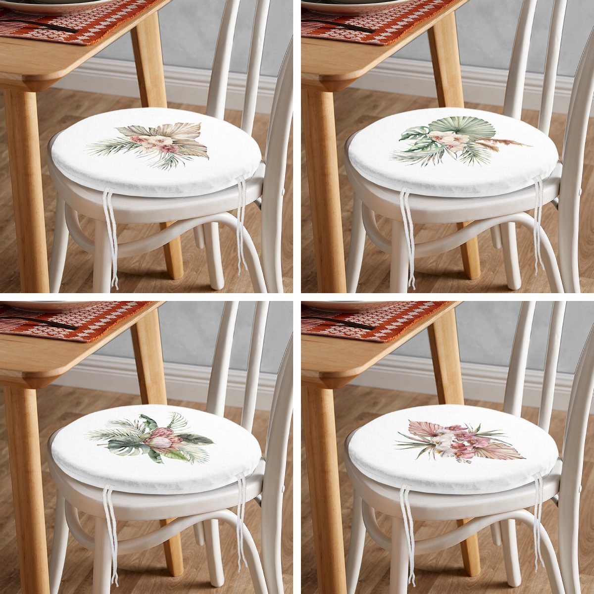4'lü Egzotik Yaprak Tasarımlı Dijital Baskılı Modern Yuvarlak Fermuarlı Sandalye Minderi Seti Realhomes