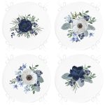 - RealHomes Yuvarlak Fermuarlı Sandalye Minderi - Realhomes  4'lü Mavi Beyaz Gül Tasarımlı Dijital Baskılı Modern Yuvarlak Fermuarlı Sandalye Minderi Seti Realhomes