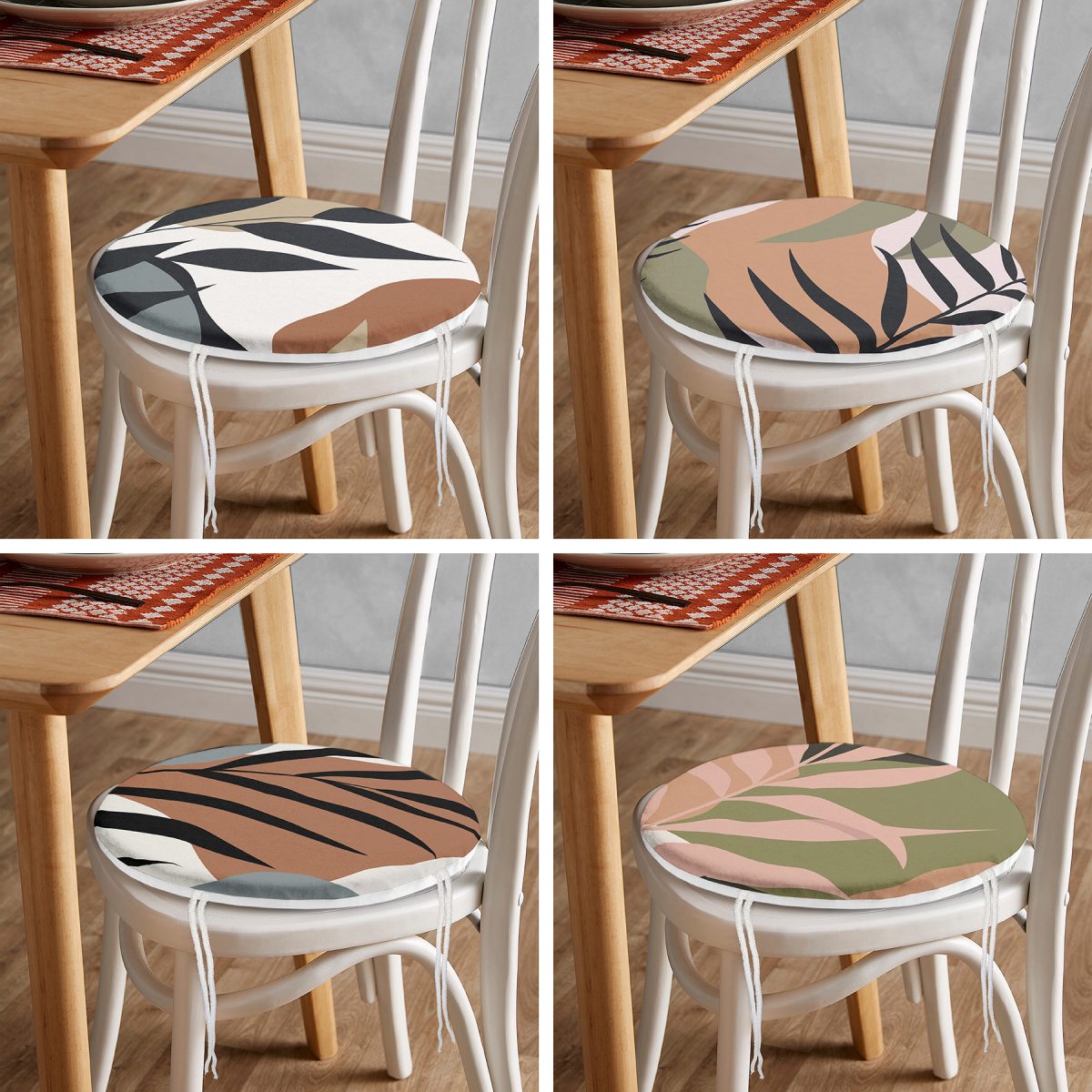4'lü Özel Tasarım İnce Dal Yaprakları Dijital Baskılı Modern Yuvarlak Fermuarlı Sandalye Minderi Seti Realhomes