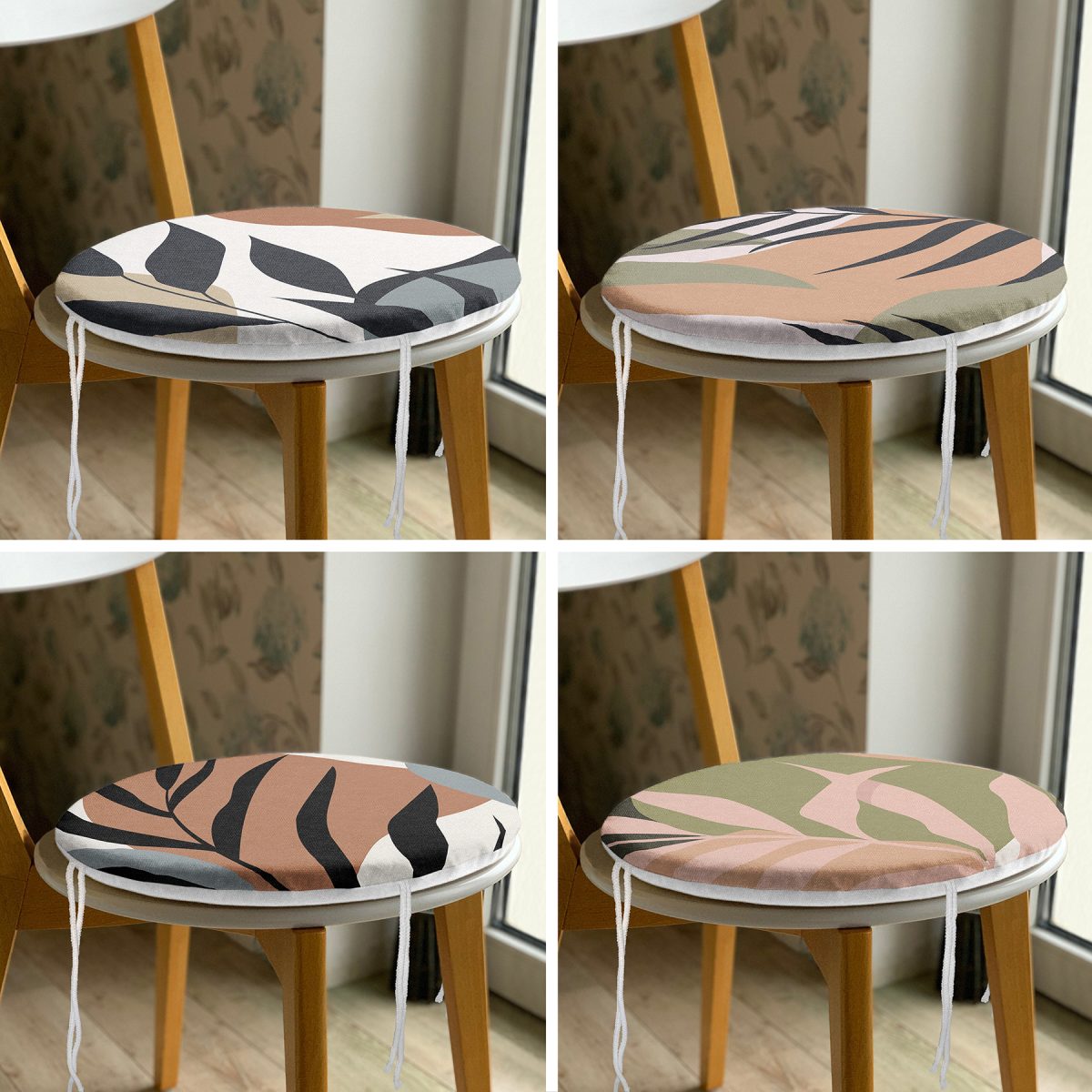 4'lü Özel Tasarım İnce Dal Yaprakları Dijital Baskılı Modern Yuvarlak Fermuarlı Sandalye Minderi Seti Realhomes