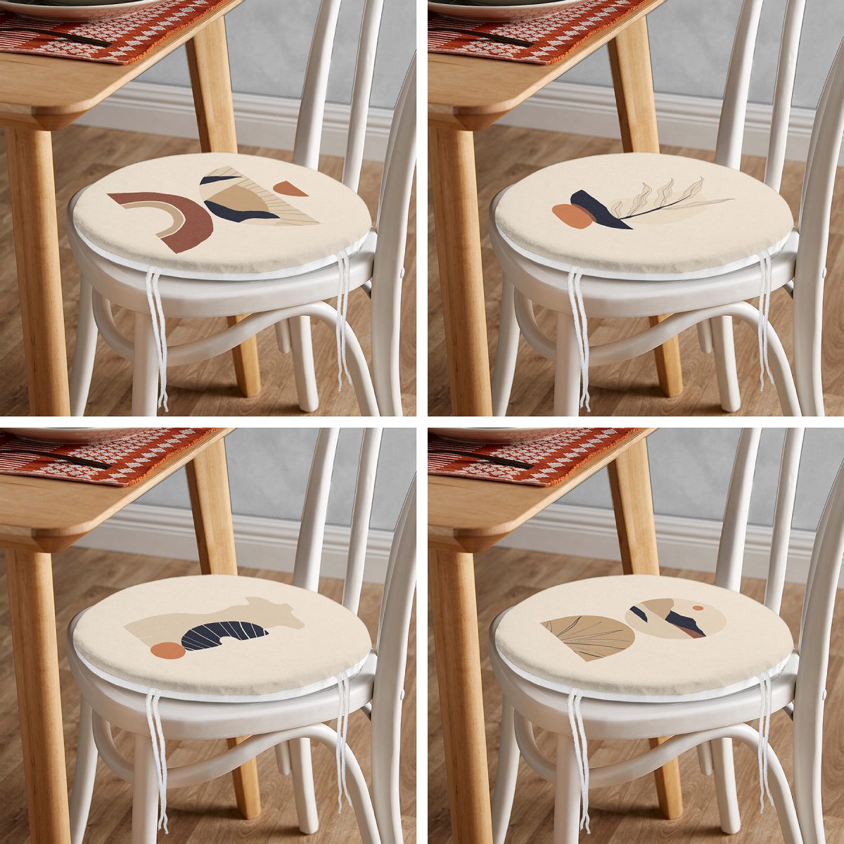 4'lü Krem Zeminli Etnik Tasarımlı Dijital Baskılı Modern Yuvarlak Fermuarlı Sandalye Minderi Seti Realhomes