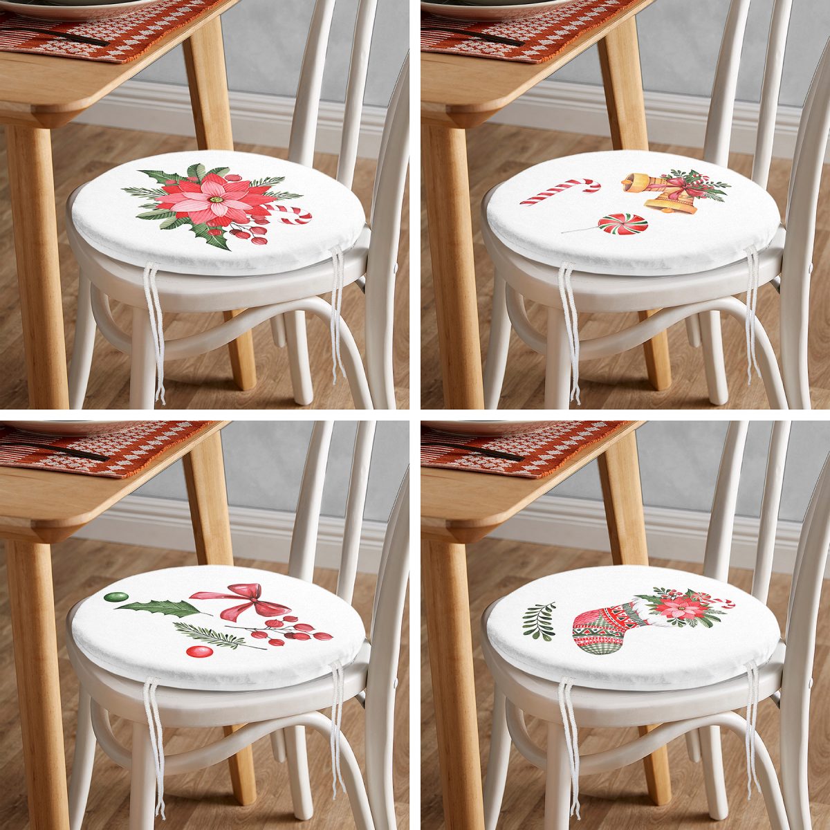 4'lü Çiçek & Şeker Tasarımlı Dijital Baskılı Modern Yuvarlak Fermuarlı Sandalye Minderi Seti Realhomes
