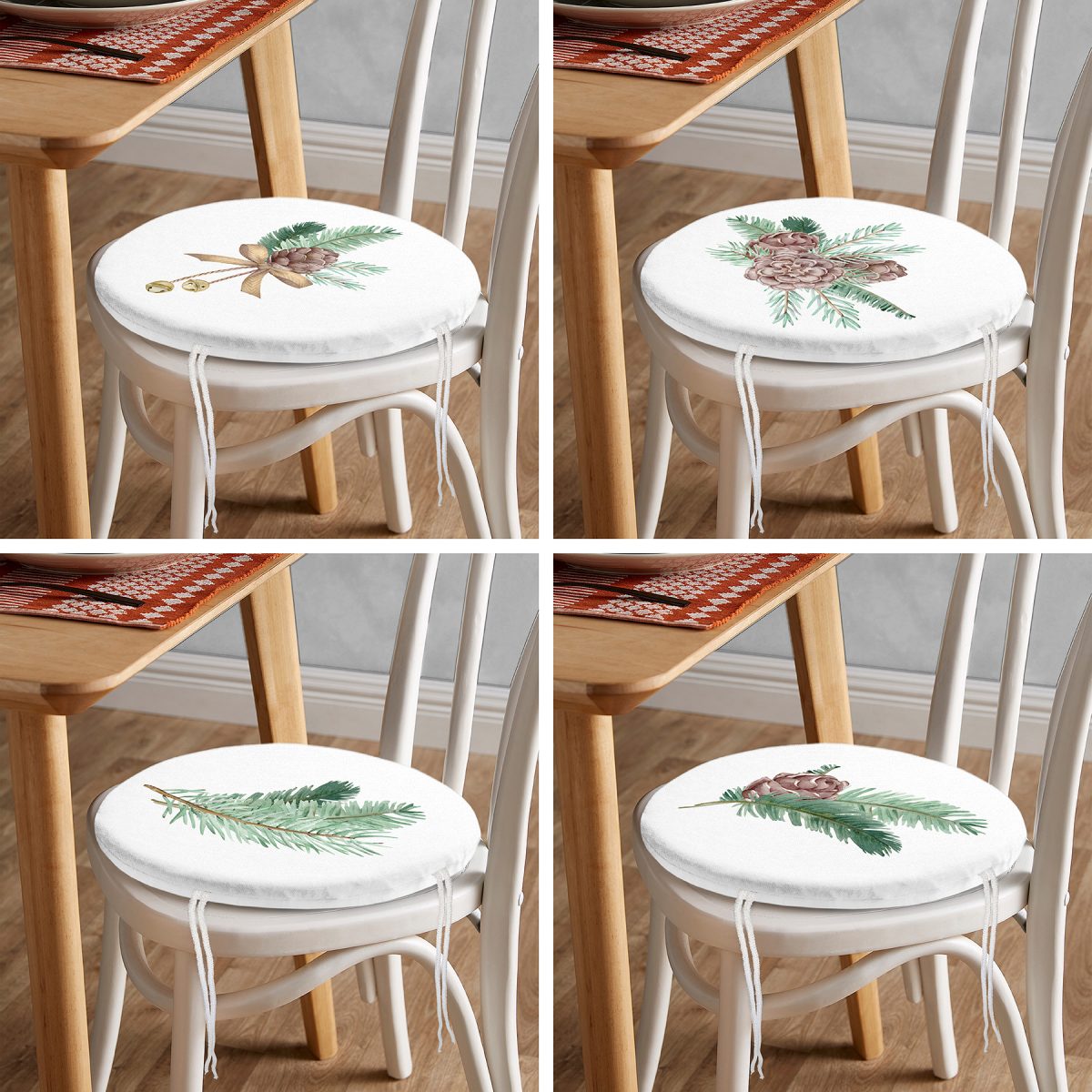 4'lü Kozalaklı Yaprak Tasarımlı Dijital Baskılı Modern Yuvarlak Fermuarlı Sandalye Minderi Seti Realhomes