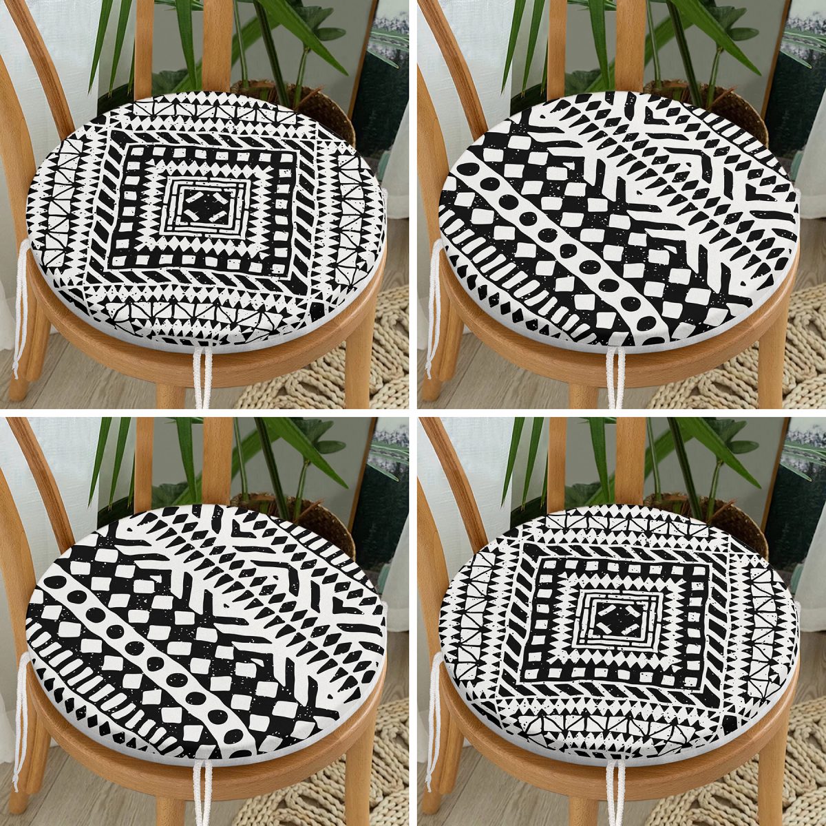 4'lü Siyah Beyaz Etnik Geometrik Çizimli Dijital Baskılı Modern Yuvarlak Fermuarlı Sandalye Minderi Seti Realhomes