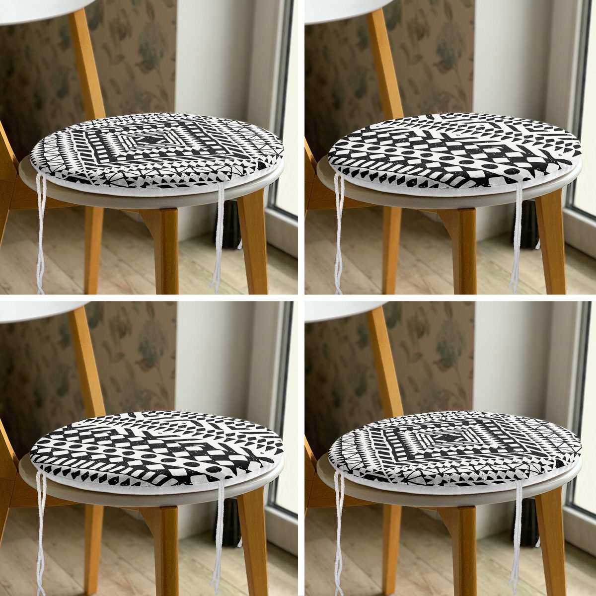 4'lü Siyah Beyaz Etnik Geometrik Çizimli Dijital Baskılı Modern Yuvarlak Fermuarlı Sandalye Minderi Seti Realhomes