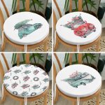 4'lü Çam Ağaçlı Araba Desenli Dijital Baskılı Modern Yuvarlak Fermuarlı Sandalye Minderi Seti Realhomes