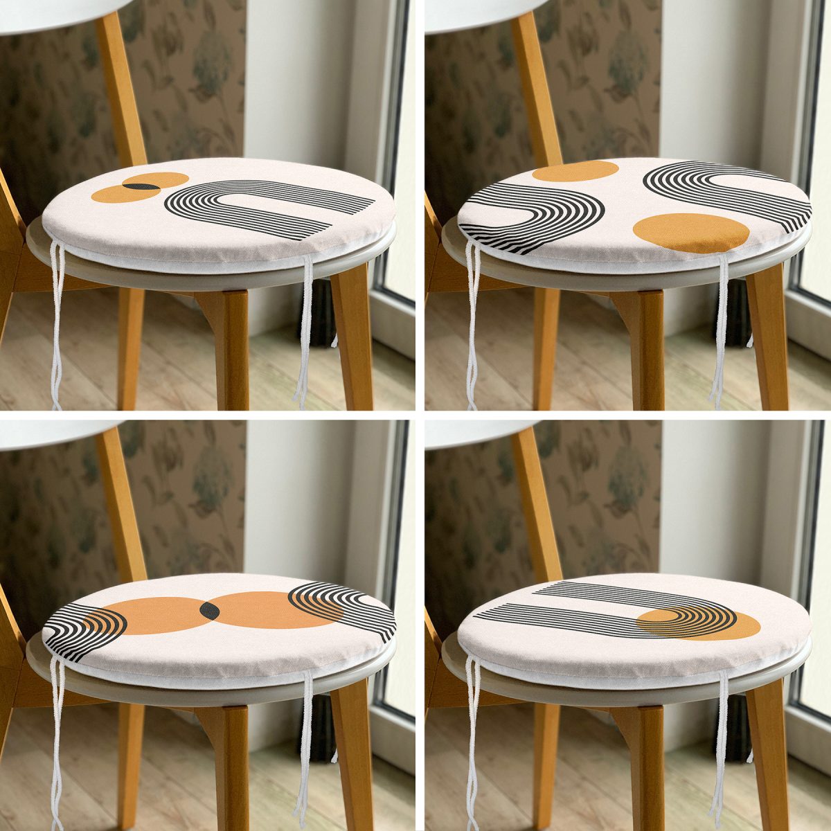 4'lü Geometrik Çizimli Soyut Tasarımlı Dijital Baskılı Modern Yuvarlak Fermuarlı Sandalye Minderi Seti Realhomes