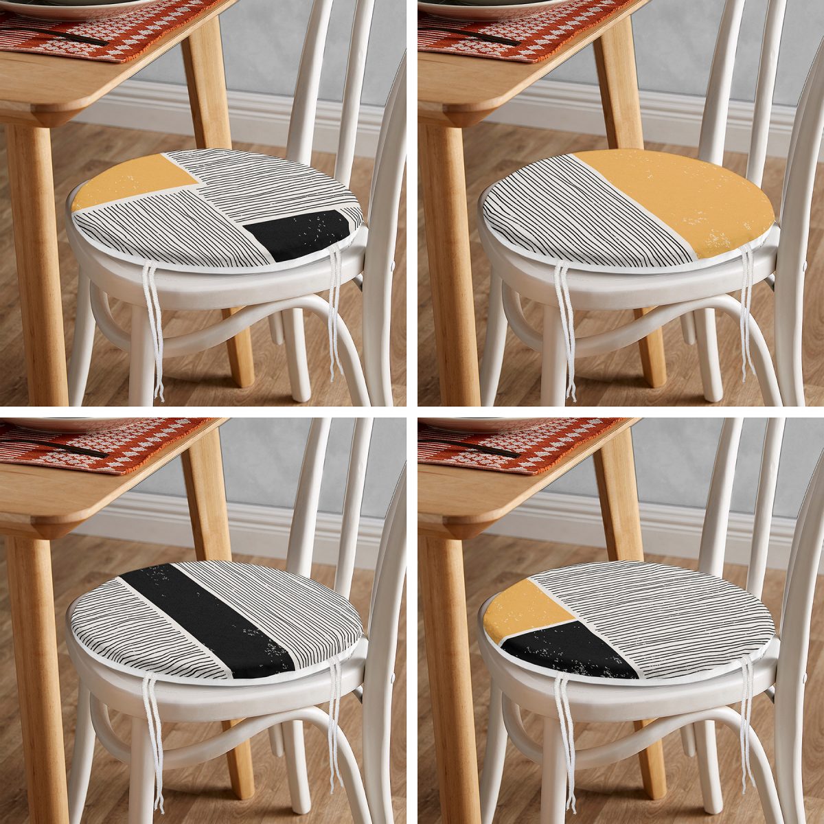 4'lü Çizgili Etnik İskandinav Tasarımlı Dijital Baskılı Modern Yuvarlak Fermuarlı Sandalye Minderi Seti Realhomes