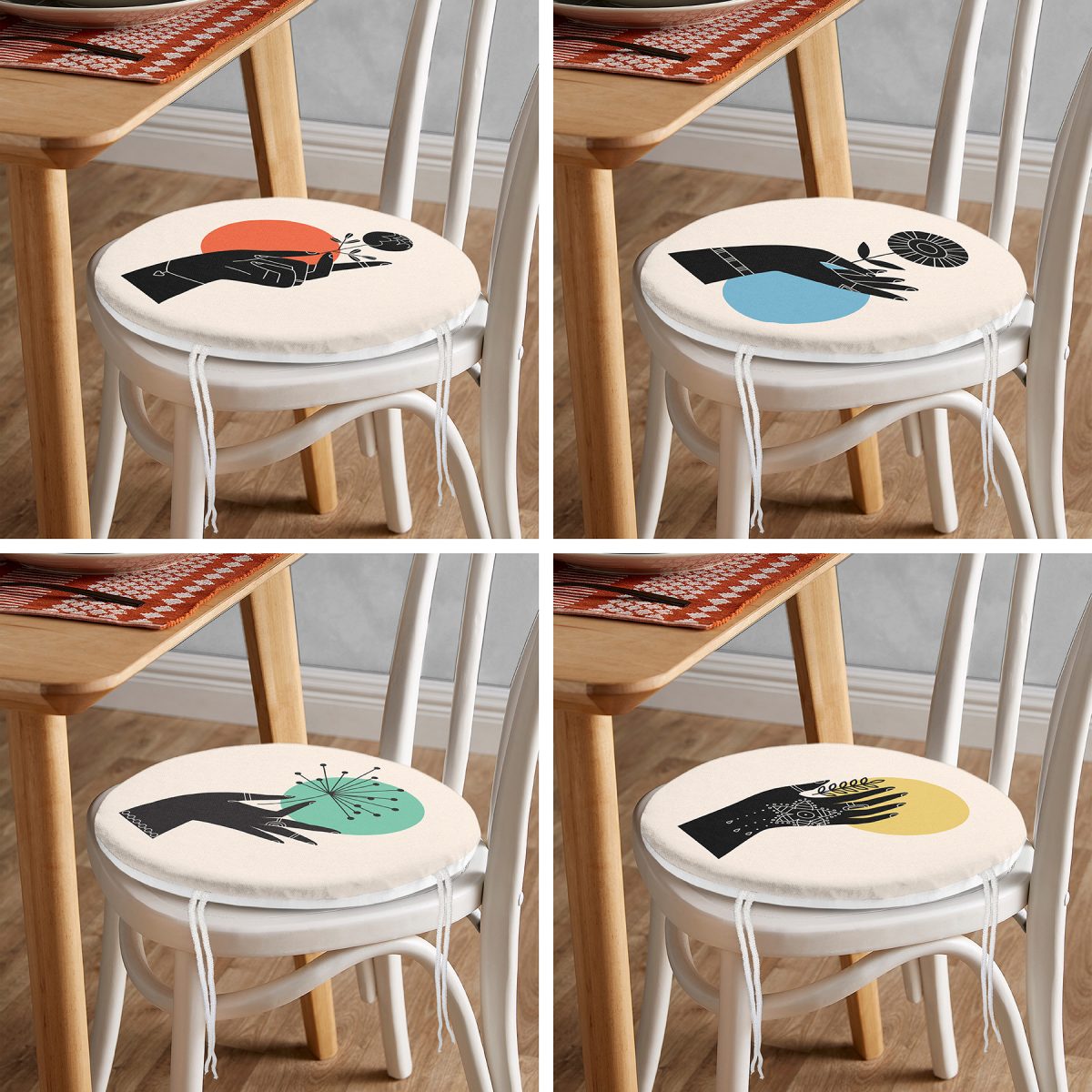 4'lü Çiçek Tasarımlı El Motifli Dijital Baskılı Modern Yuvarlak Fermuarlı Sandalye Minderi Seti Realhomes