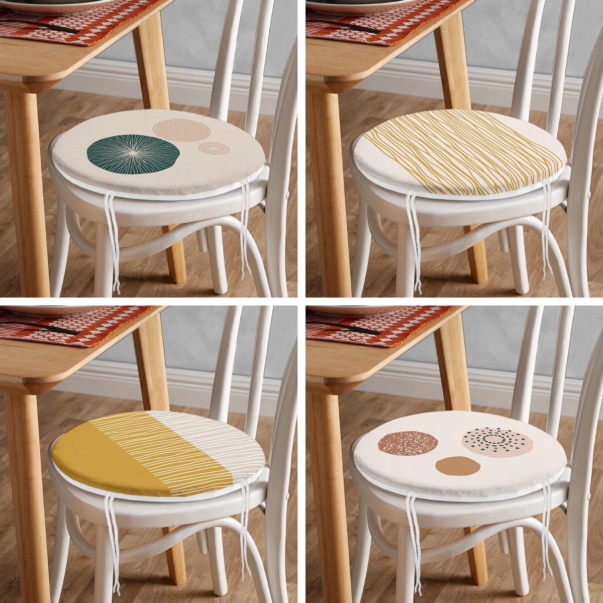 4'lü Pastel Renkli Çizgili Dijital Baskılı Modern Yuvarlak Fermuarlı Sandalye Minderi Seti Realhomes