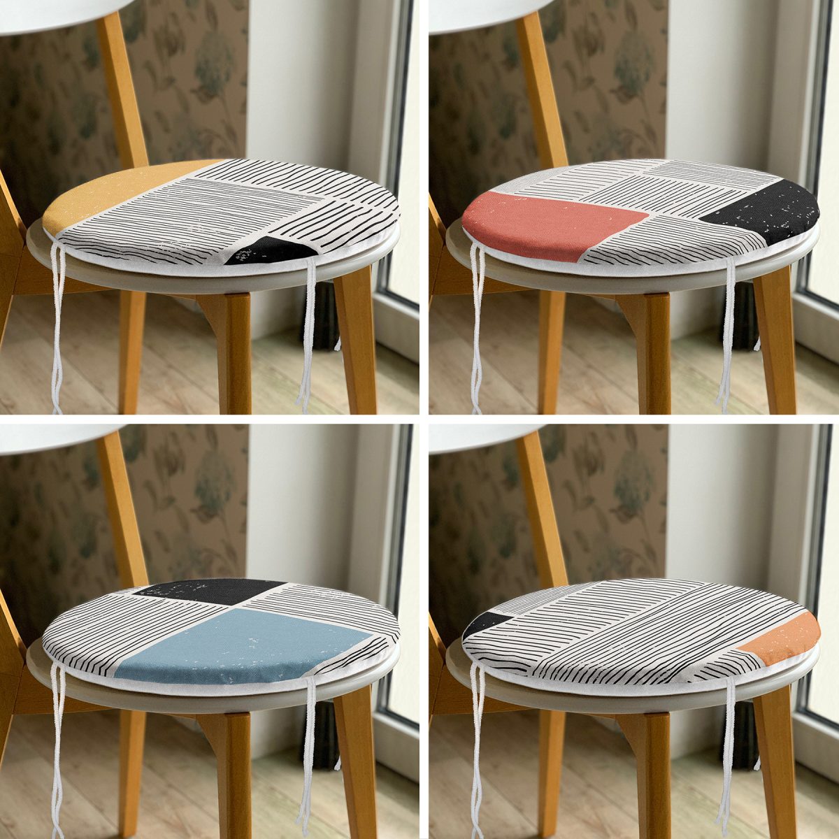 4'lü Koyu Fildişi Renkli Çizgi Tasarımlı Dijital Baskılı Modern Yuvarlak Fermuarlı Sandalye Minderi Seti Realhomes