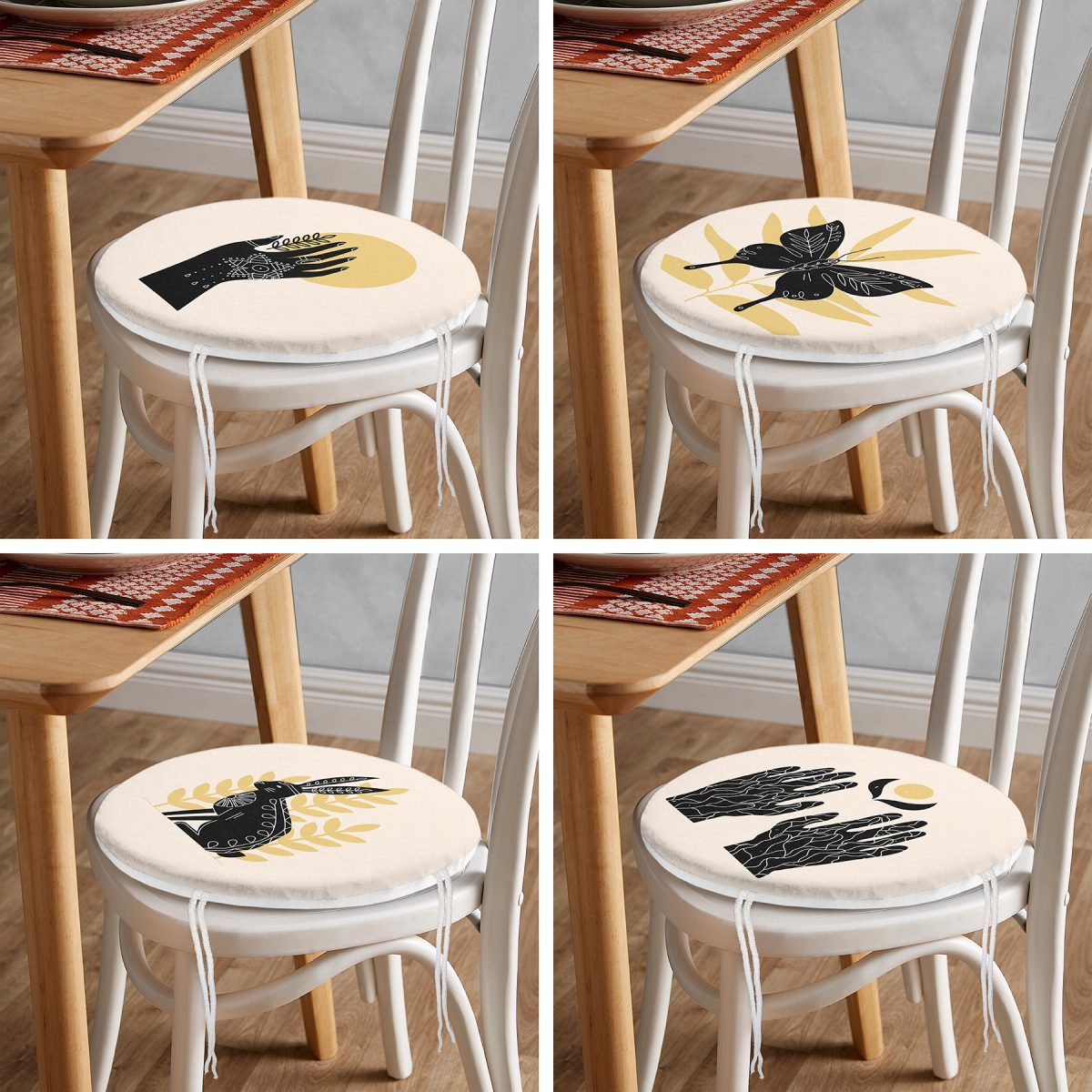 4'lü Kelebek & Mehndi Özel Tasarımlı Dijital Baskılı Modern Yuvarlak Fermuarlı Sandalye Minderi Seti Realhomes