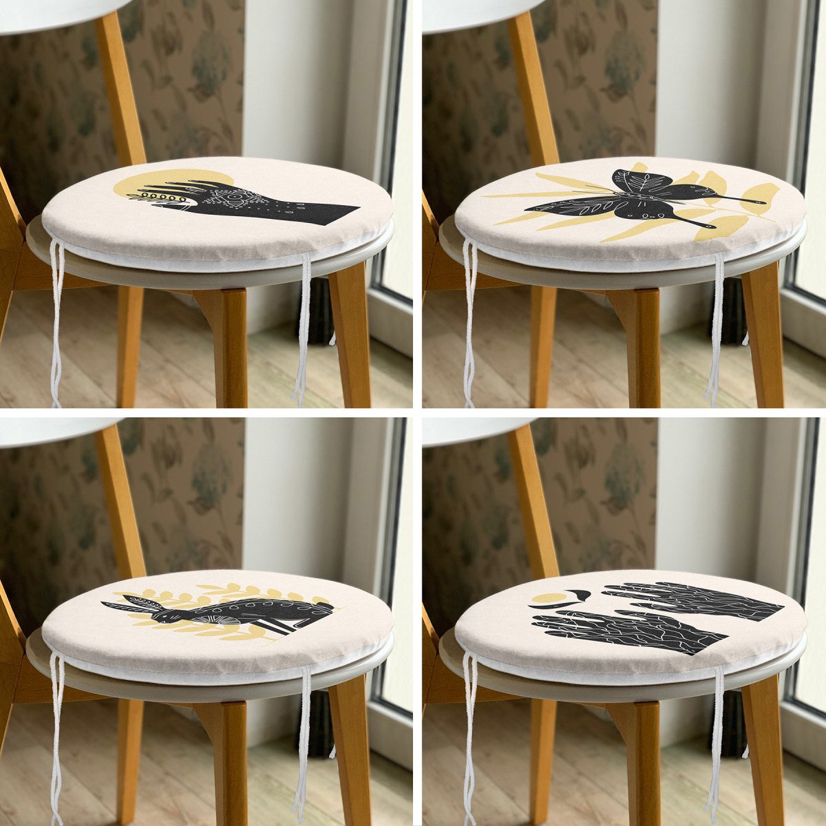 4'lü Kelebek & Mehndi Özel Tasarımlı Dijital Baskılı Modern Yuvarlak Fermuarlı Sandalye Minderi Seti Realhomes