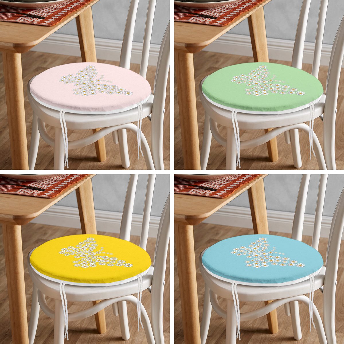 4'lü Renkli Zemin Papatya Kelebek Özel Tasarımlı Dijital Baskılı Modern Yuvarlak Fermuarlı Sandalye Minderi Seti Realhomes