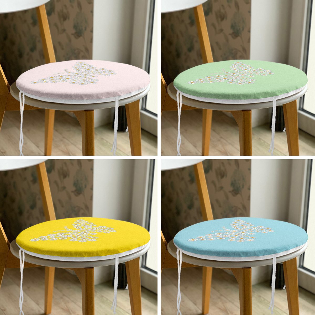 4'lü Renkli Zemin Papatya Kelebek Özel Tasarımlı Dijital Baskılı Modern Yuvarlak Fermuarlı Sandalye Minderi Seti Realhomes