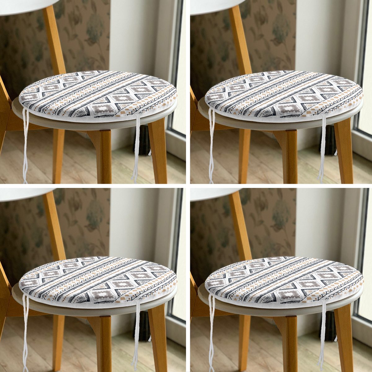 4'lü Özel Tasarım İskandinav Çizimli Dijital Baskılı Modern Yuvarlak Fermuarlı Sandalye Minderi Seti Realhomes