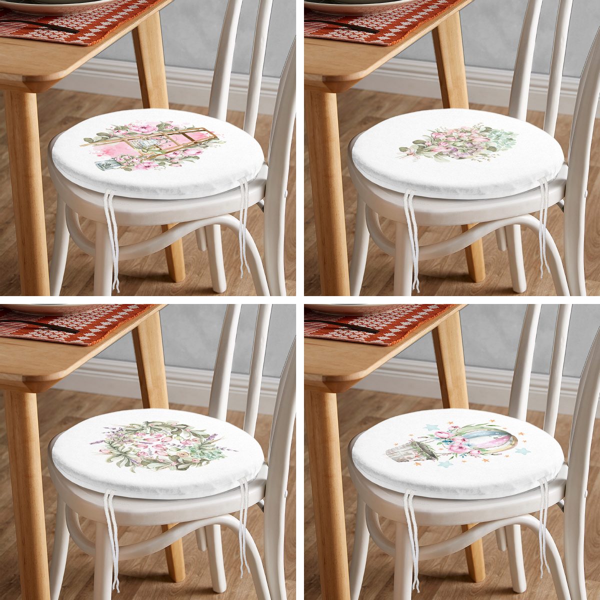 4'lü Çiçek Demetleri Özel Tasarım Dijital Baskılı Modern Yuvarlak Fermuarlı Sandalye Minderi Seti Realhomes