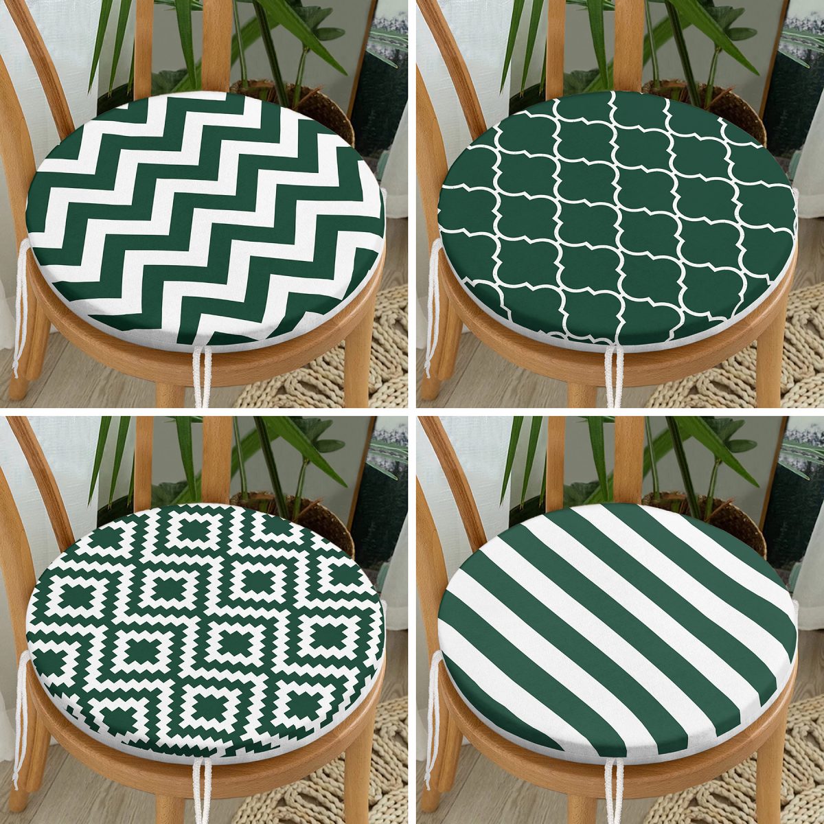 4'lü Koyu Yeşil Geometrik Çizimler Özel Tasarım Dijital Baskılı Modern Yuvarlak Fermuarlı Sandalye Minderi Seti Realhomes