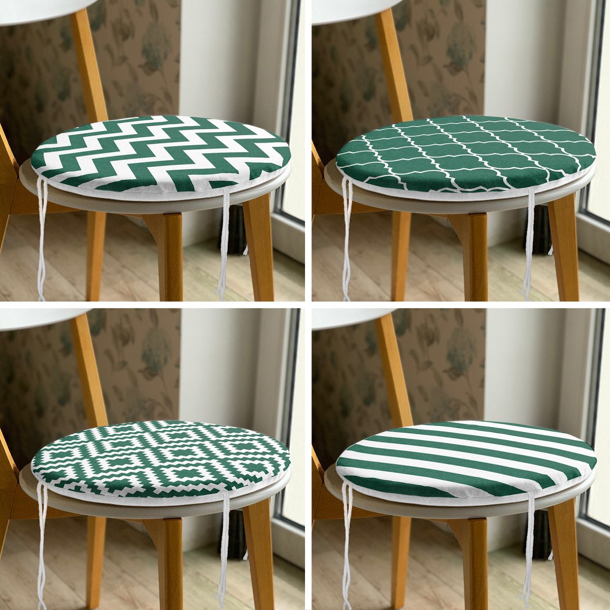 4'lü Koyu Yeşil Geometrik Çizimler Özel Tasarım Dijital Baskılı Modern Yuvarlak Fermuarlı Sandalye Minderi Seti Realhomes