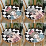 4'lü Damalı Zeminde Pop-Art Kız Tasarımlı Yuvarlak Fermuarlı Sandalye Minderi Seti Realhomes