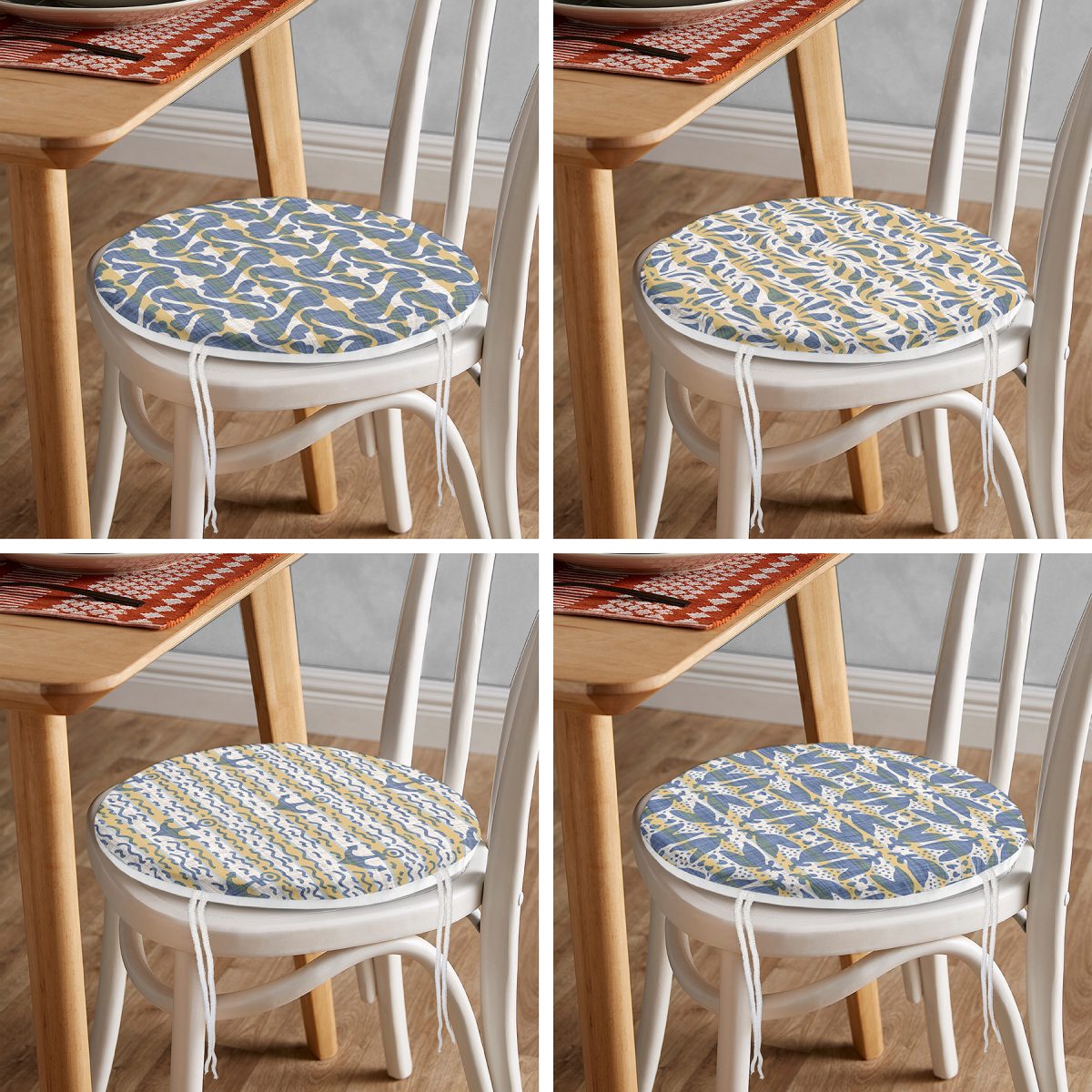 4'lü Karamel Ve Kot Renginde Geometrik Çizim Tasarımlı Dijital Baskılı Yuvarlak Fermuarlı Sandalye Minderi Seti Realhomes