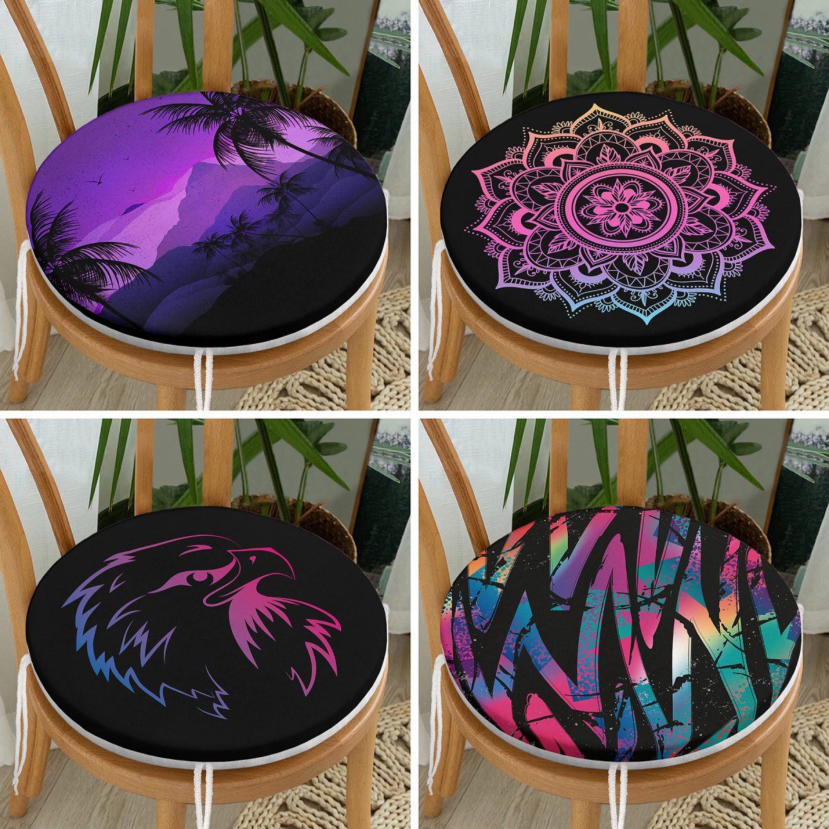 4'lü Neon Geometrik Çizim Tasarımlı Modern Dijital Baskılı Yuvarlak Fermuarlı Sandalye Minderi Seti Realhomes