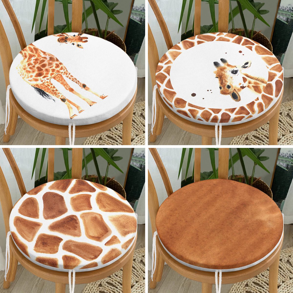 4'lü Zürafa Motifli Dijital Baskılı Yuvarlak Fermuarlı Sandalye Minderi Seti Realhomes