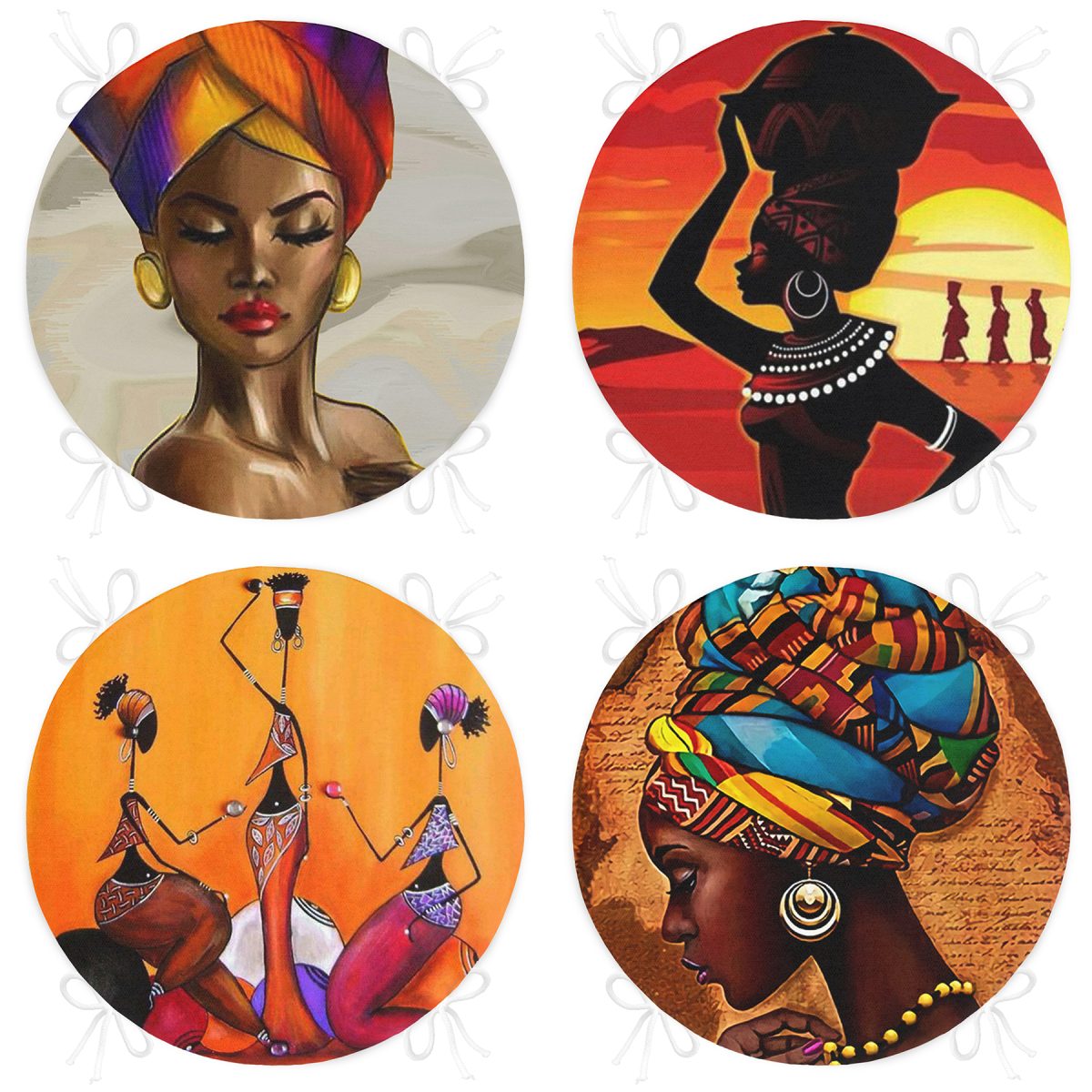 4'lü Etnik Afrika Kadın Motifli Özel Tasarım Yuvarlak Fermuarlı Sandalye Minderi Seti Realhomes