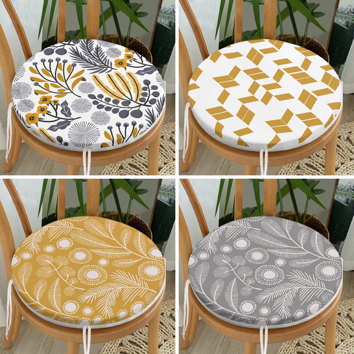 4'lü Tropik Çiçekller Soft Renk Özel Tasarım Yuvarlak Fermuarlı Sandalye Minderi Seti Realhomes