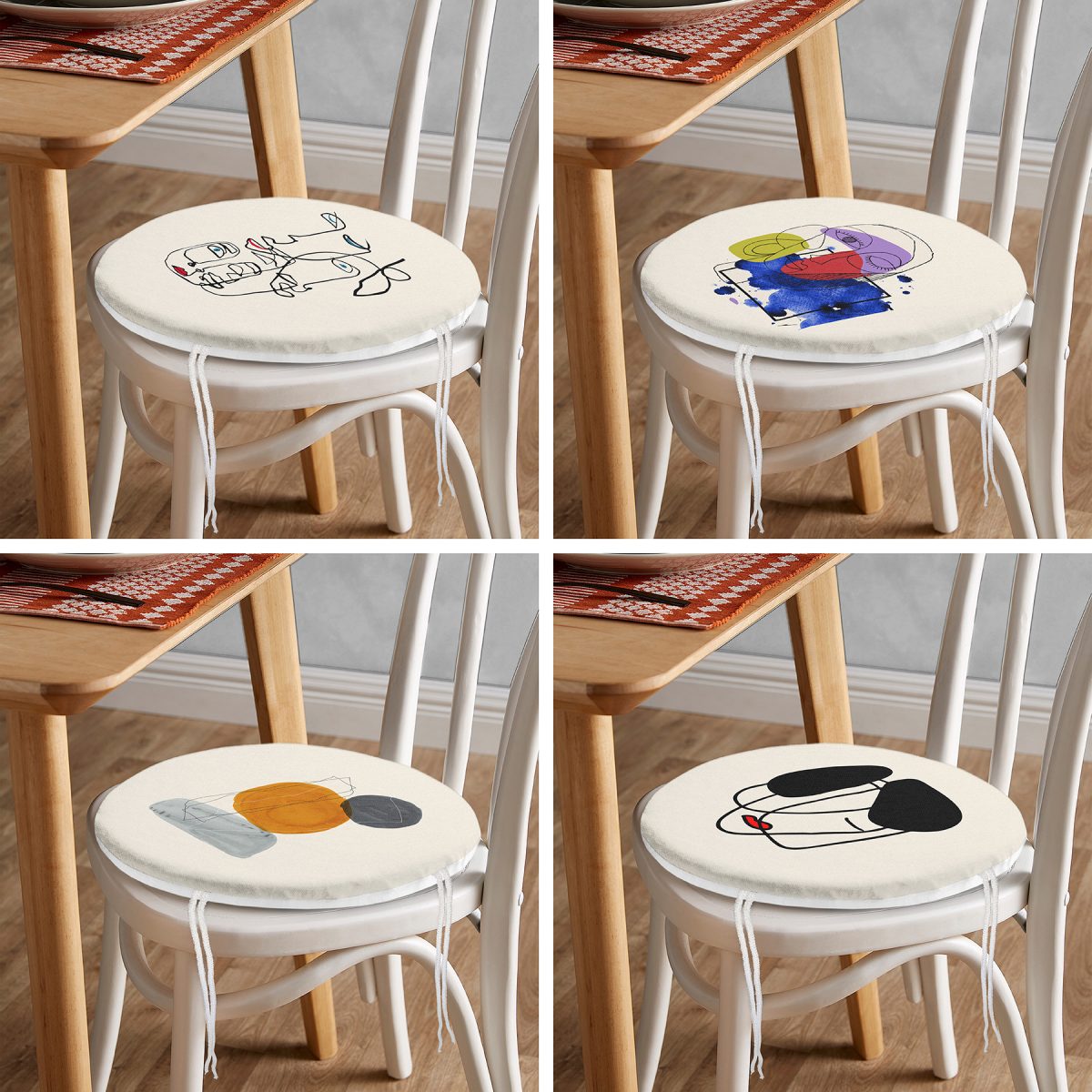 4'lü Renkli One Line Çizimli Dijital Baskılı Yuvarlak Fermuarlı Sandalye Minderi Seti Realhomes