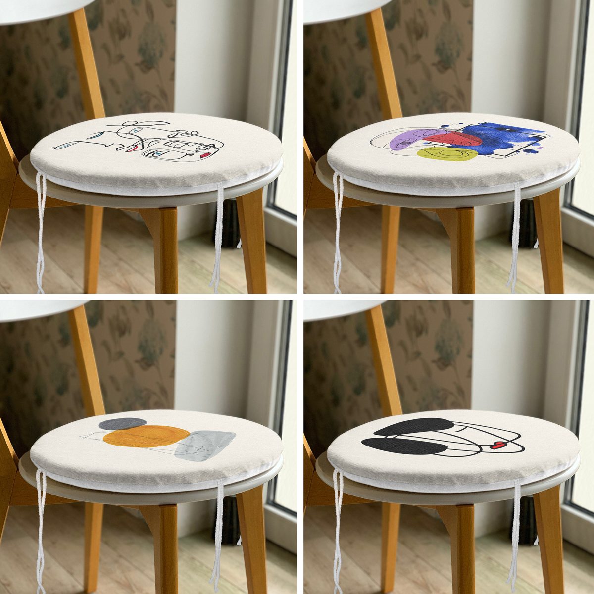 4'lü Renkli One Line Çizimli Dijital Baskılı Yuvarlak Fermuarlı Sandalye Minderi Seti Realhomes