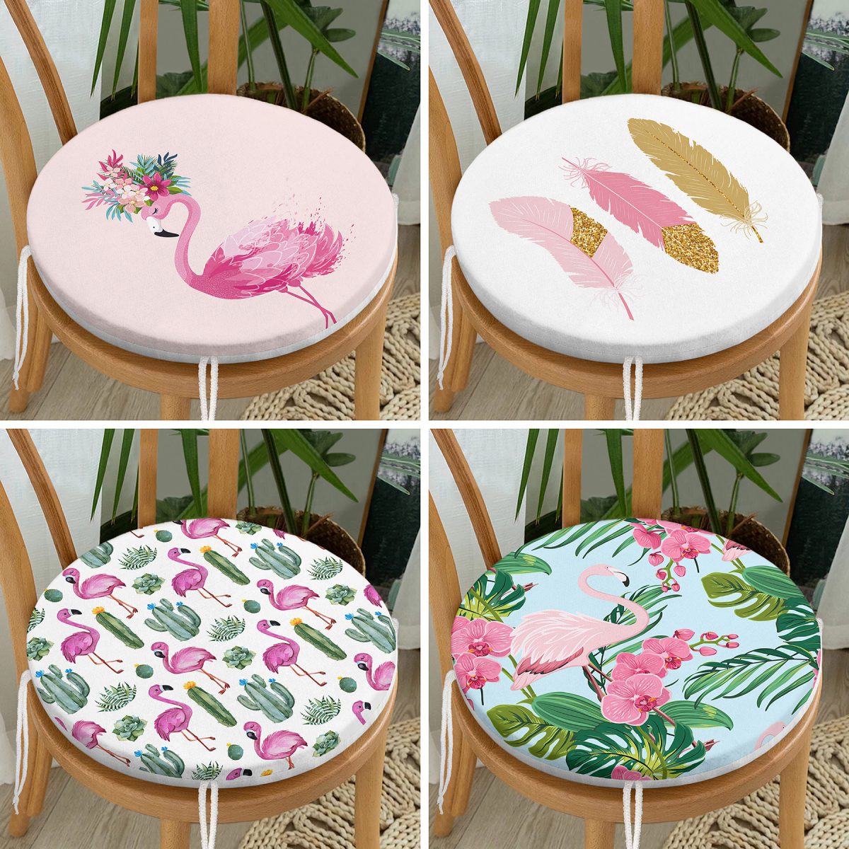 4'lü Flamingo Tasarımlı Renkli Dijital Baskılı Yuvarlak Fermuarlı Sandalye Minderi Seti Realhomes
