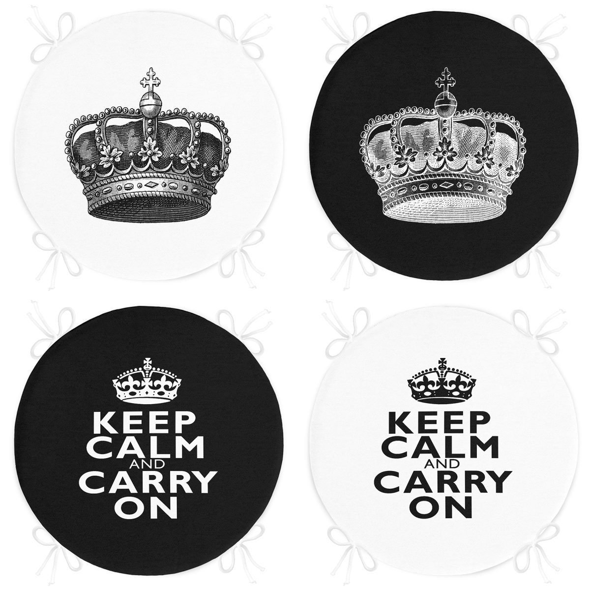 4'lü Keep Calm Temalı Kral Tacı Motrifli Yuvarlak Fermuarlı Sandalye Minderi Seti Realhomes