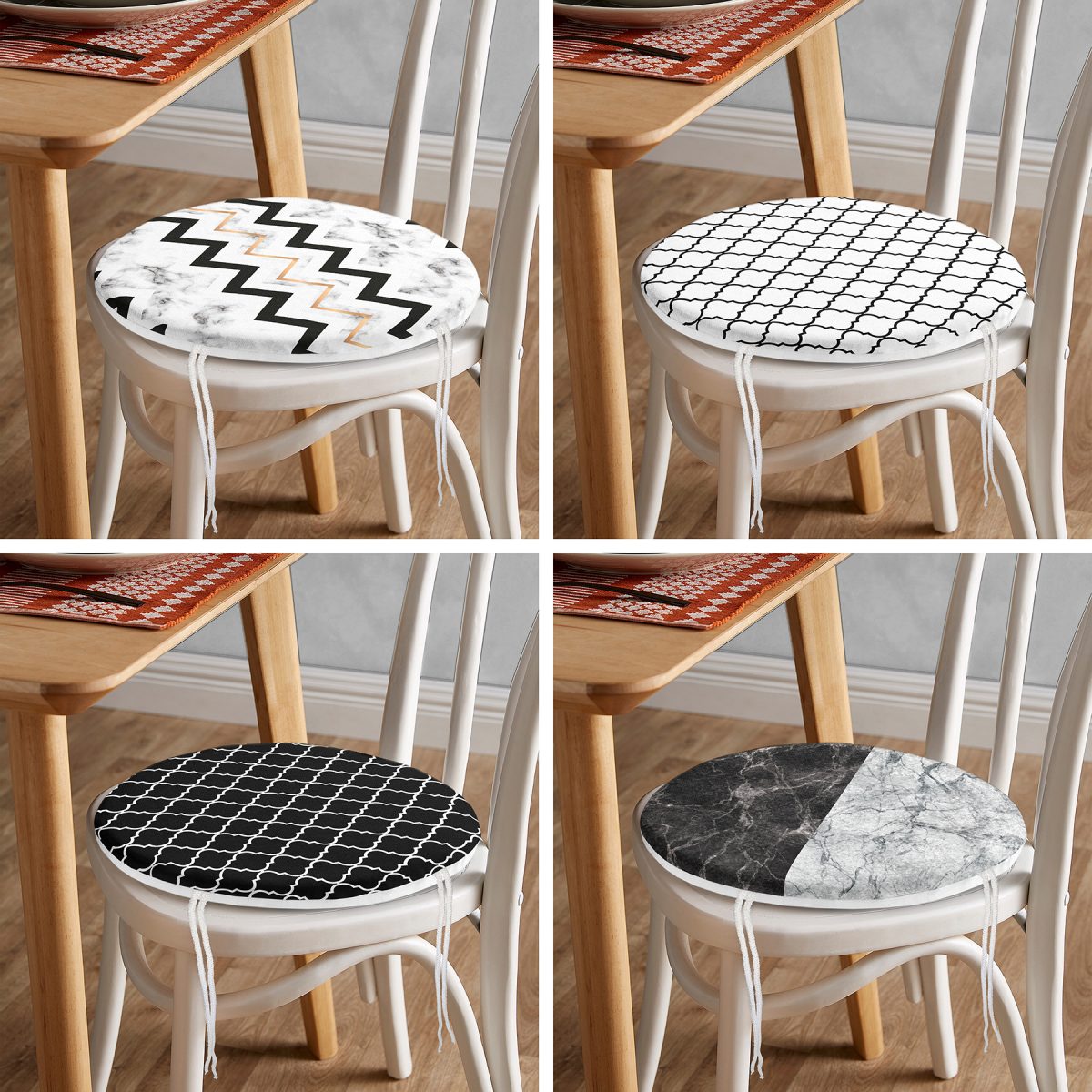 4'lü Mermer Tasarımlı Geometrik Motifli Yuvarlak Fermuarlı Sandalye Minderi Seti Realhomes