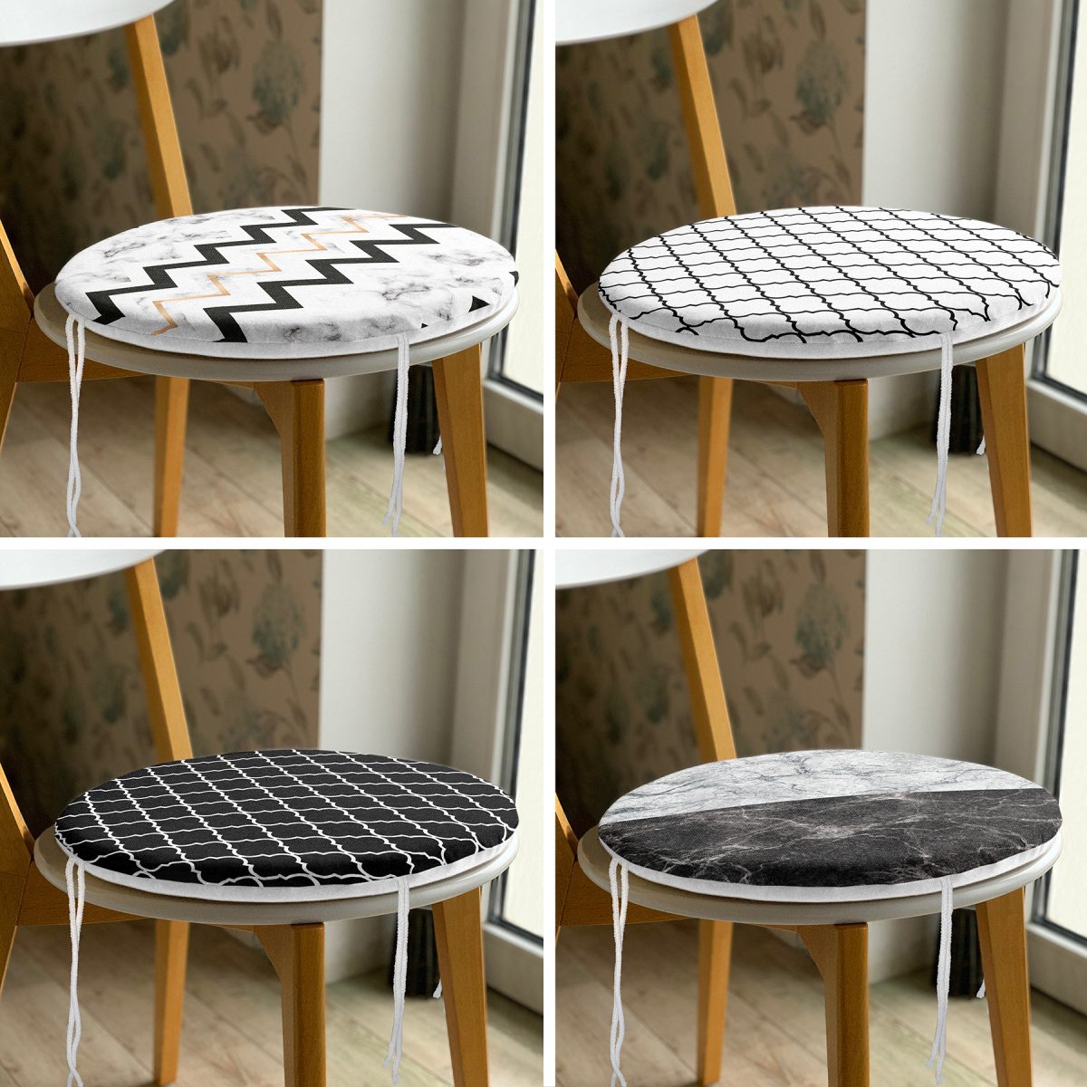 4'lü Mermer Tasarımlı Geometrik Motifli Yuvarlak Fermuarlı Sandalye Minderi Seti Realhomes