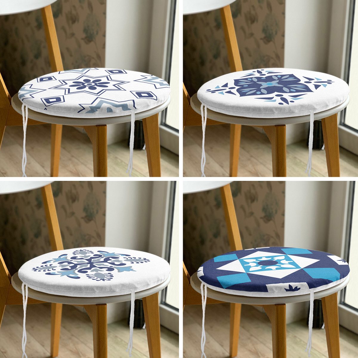 4'lü Mavi Fraktal Tasarımlı Dijital Baskılı Yuvarlak Fermuarlı Sandalye Minderi Seti Realhomes